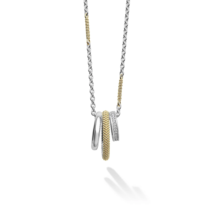 Caviar Lux 0.07ct Diamond 3 Rings Pendant in 18K Yellow Gold and Sterling Silver, 16-18"