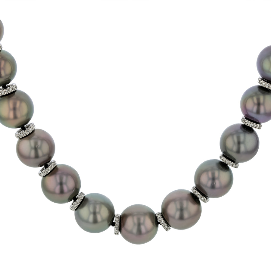 Black Tahitian Pearl and 4.15ct Diamond Graduated Necklace in 18K White Gold, 18.5"