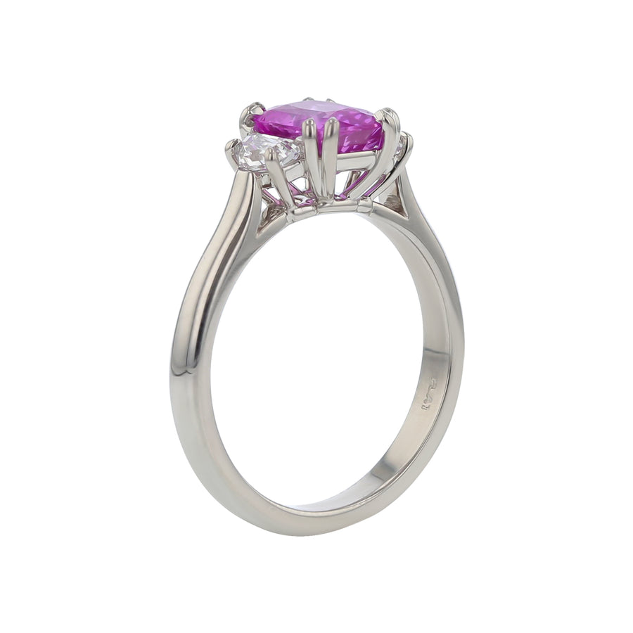 1.64ct Cushion Pink Sapphire DGL and 0.38ct Shield Diamonds Three Stone Ring in Platinum, Size 6
