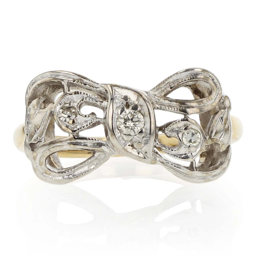 0.10ct Single Cut Diamond Bow Ring in 14K White and Yellow Gold