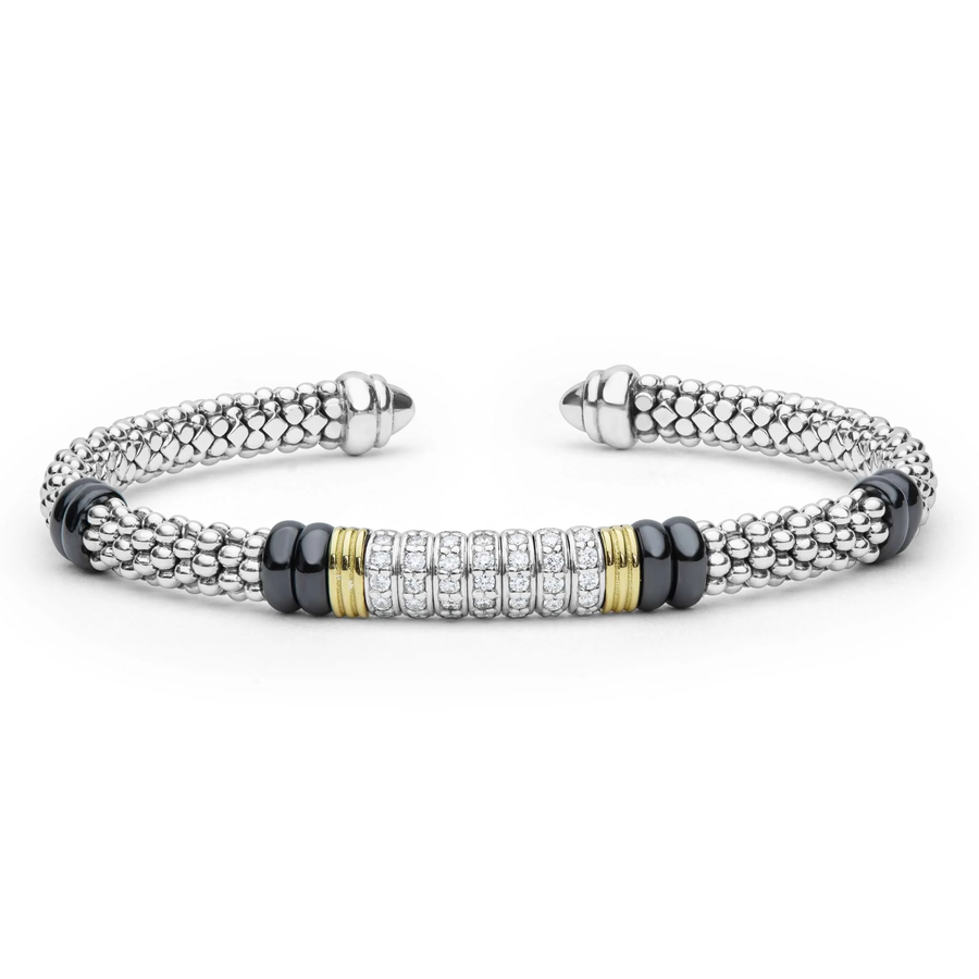Black Caviar 0.35ct Diamond Cuff Bracelet in 18K Yellow Gold, Sterling Silver and Ceramic, size 7