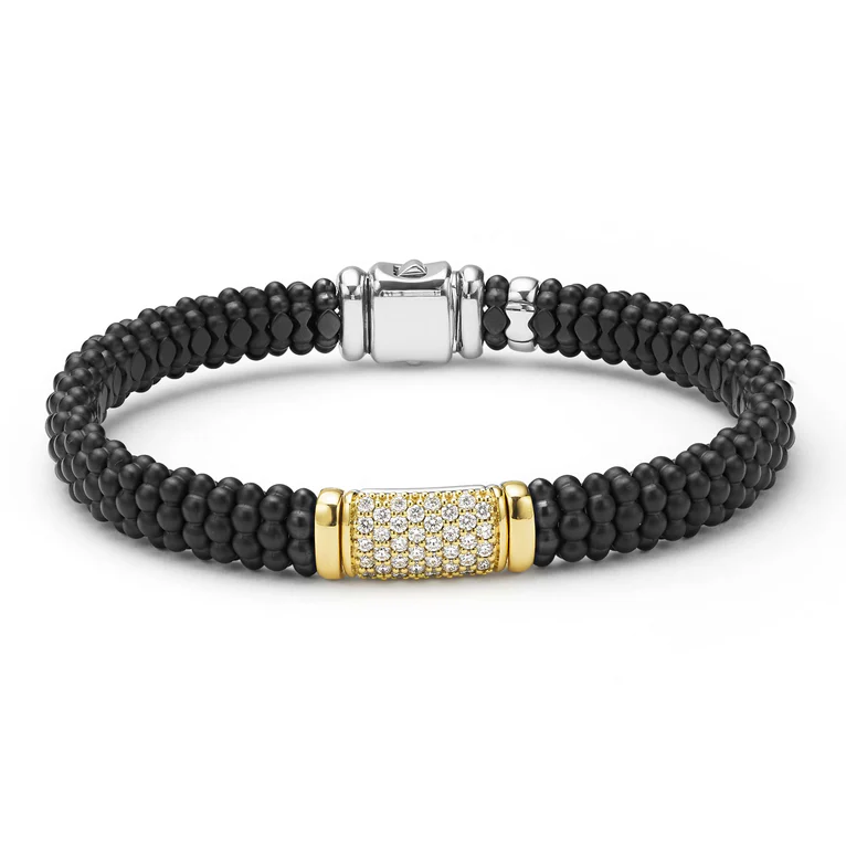 Black Caviar Anthem Diamond Station Rope Bracelet in Sterling Silver, 18K Yellow Gold, and Matte Ceramic, medium