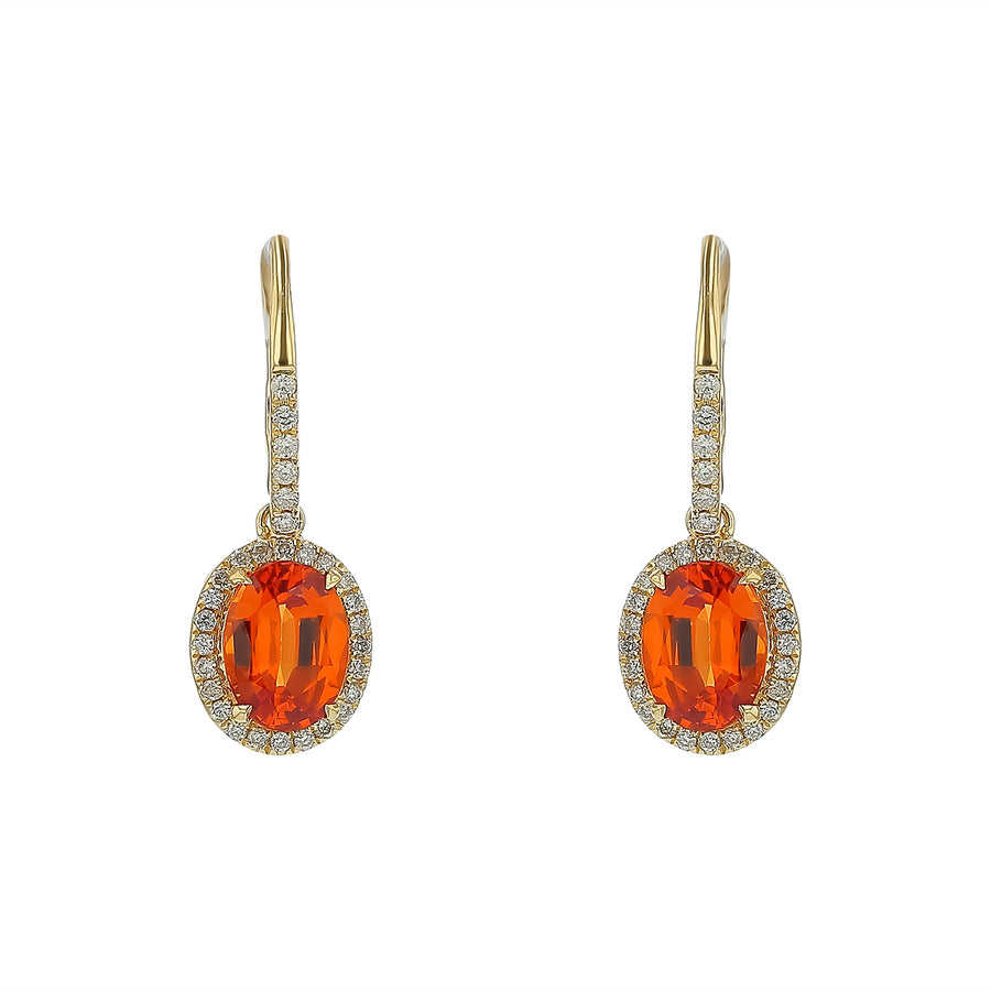 3.55ct Oval Spessarite Garnet and 0.24ct Diamond Halo Drop Earrings in 14K Yellow Gold with Leverbacks