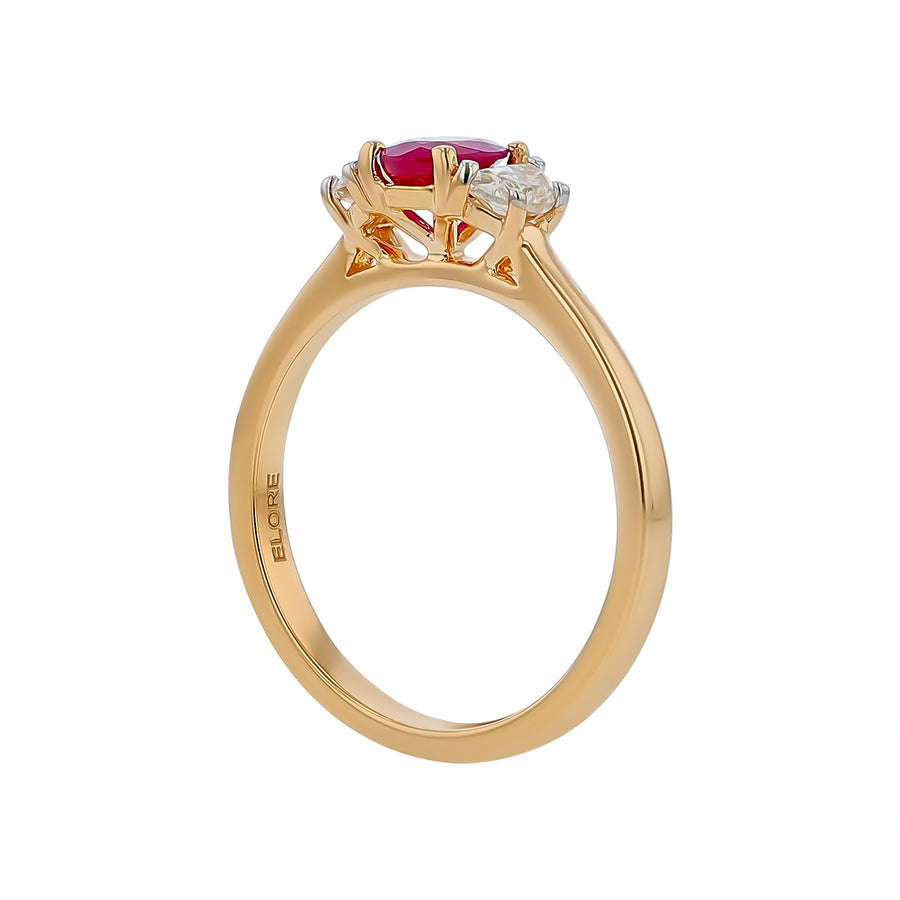 0.58ct Oval Burma Ruby and 0.32ct Halfmoon Diamond 3 Stone Ring in 18K Yellow Gold, size 6.5