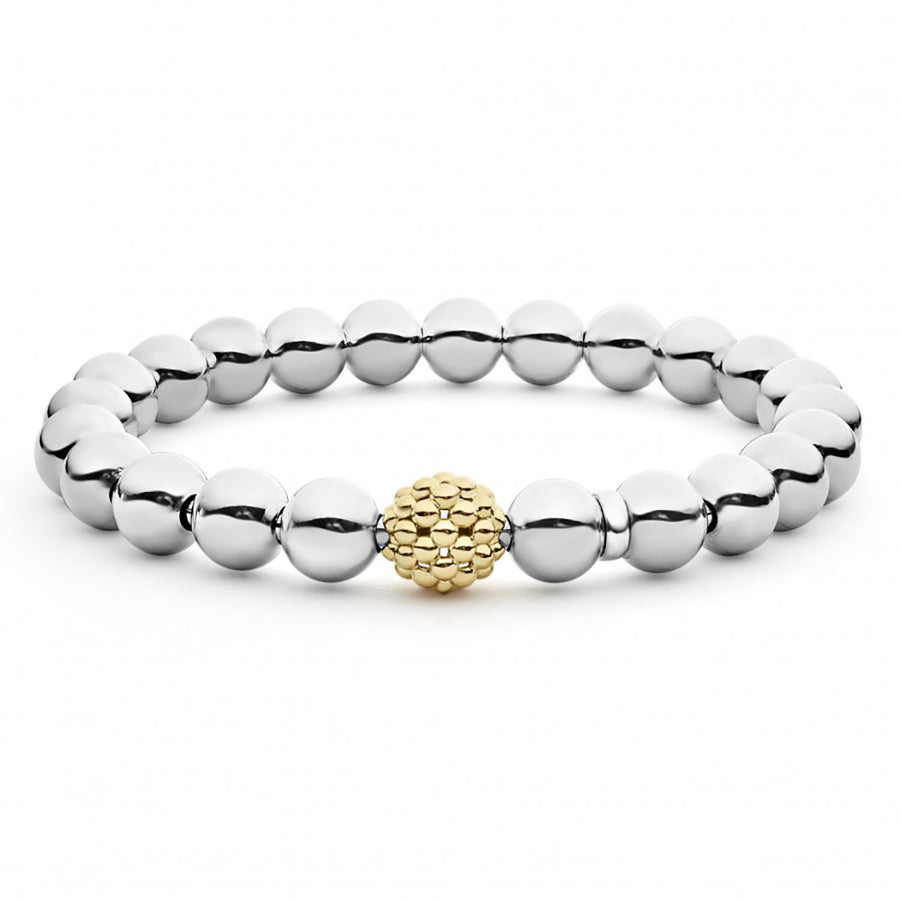Signature Caviar 8mm Lattice Ball Stretch Bracelet in 18K Yellow Gold and Sterling Silver, size 7