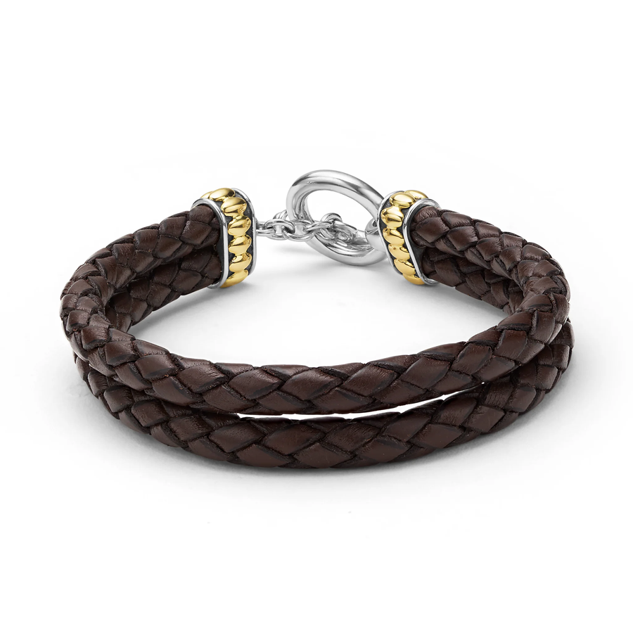 Anthem Dark Brown Double Leather Bracelet in Sterling Silver and 18K Yellow Gold, size medium