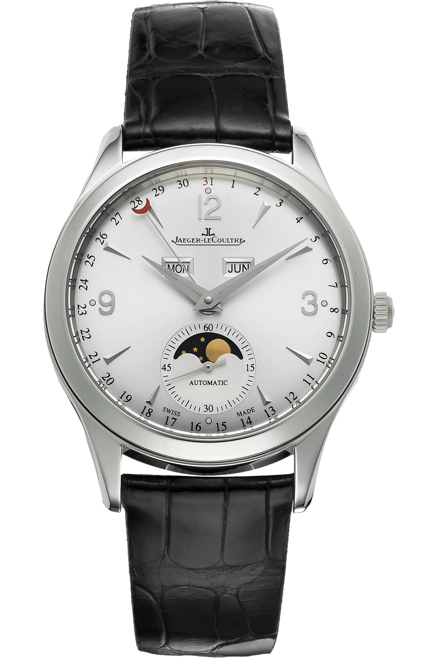 39mm Jaeger-LeCoultre Master Calendar Watch with Silver Dial in Stainless Steel, Strap