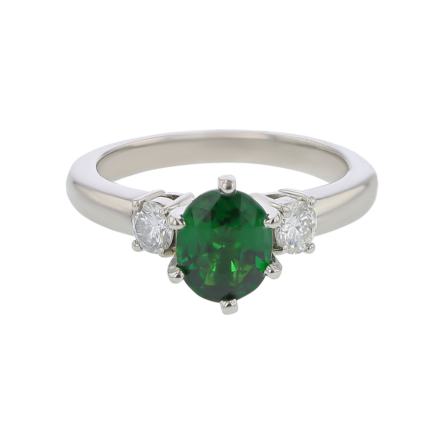 1.52ct Tsavorite Garnet and 0.32ct Round Diamonds 3 Stone Ring in Platinum
