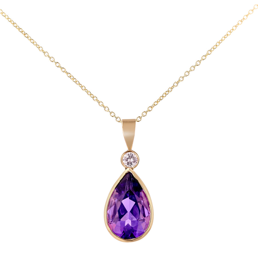 6.00ct Pear Shape Amethyst and 0.16ct Diamond Pendant in 14K Yellow Gold, 16" chain