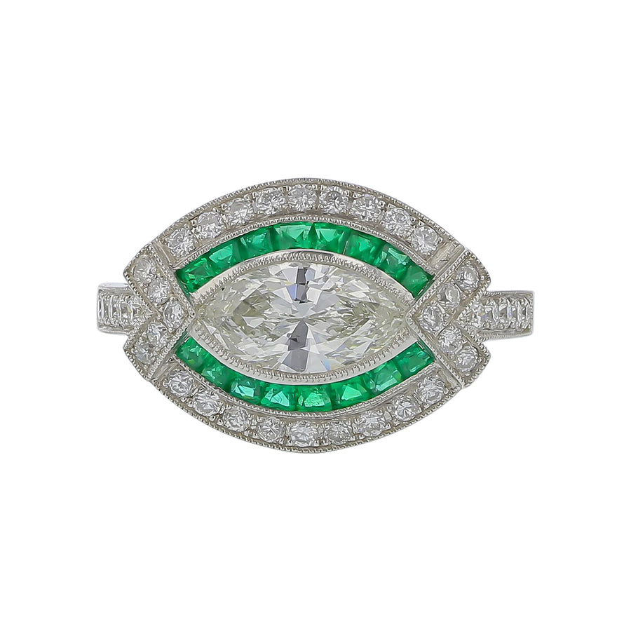 1.01ct Marquise Diamond 0.45ct Emerald and 0.48ct Diamond Ring in Platinum, Size 6.5