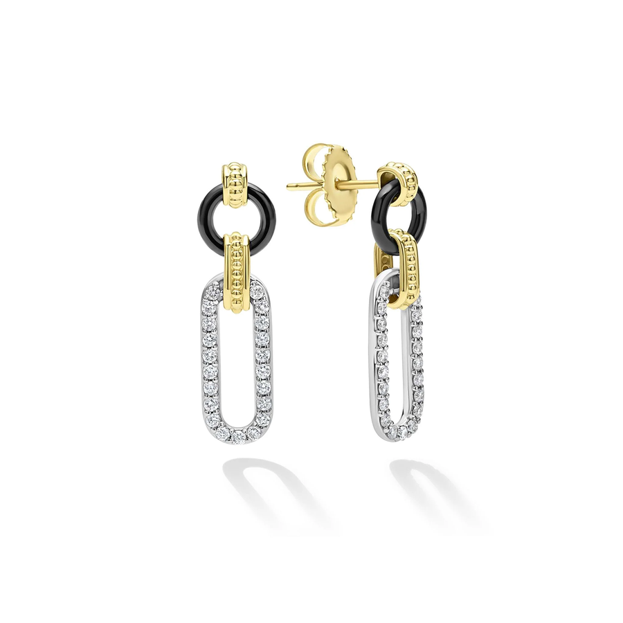Caviar Black Ceramic and Diamond Oval Links Circle Top 15mm Drop Earrings in Sterling Silver and18K Yellow Gold
