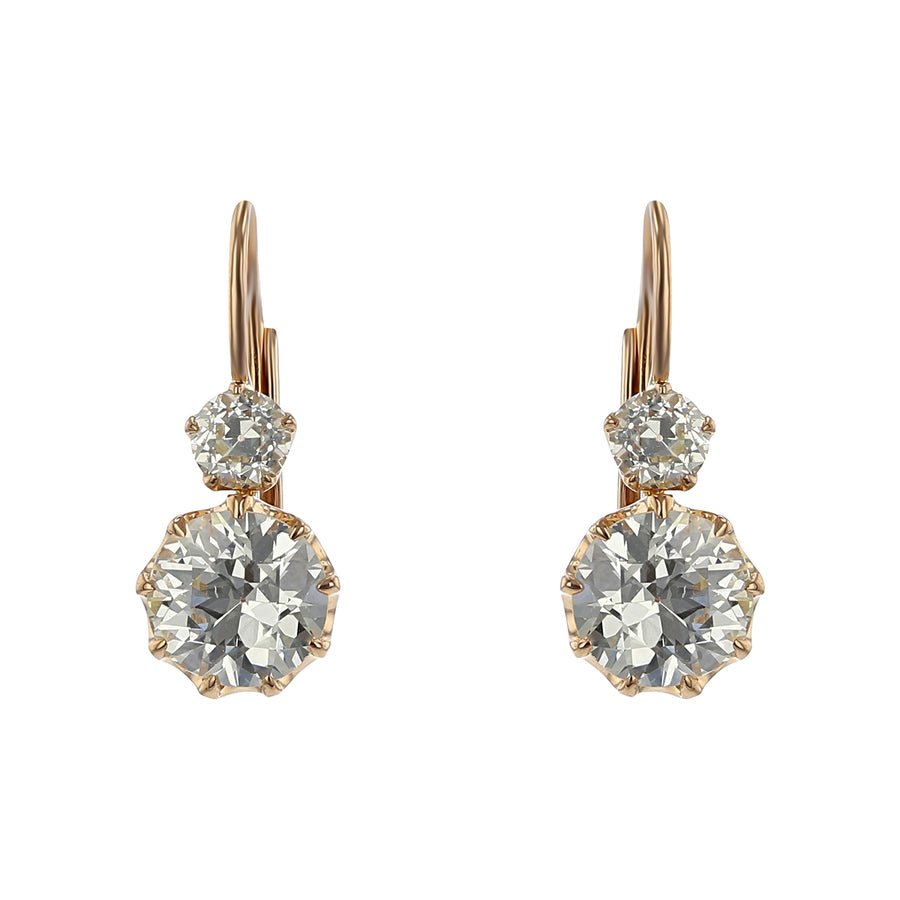 2.76ct and 0.63ct Old European Cut Diamond Drop Earrings in 18K Yellow Gold