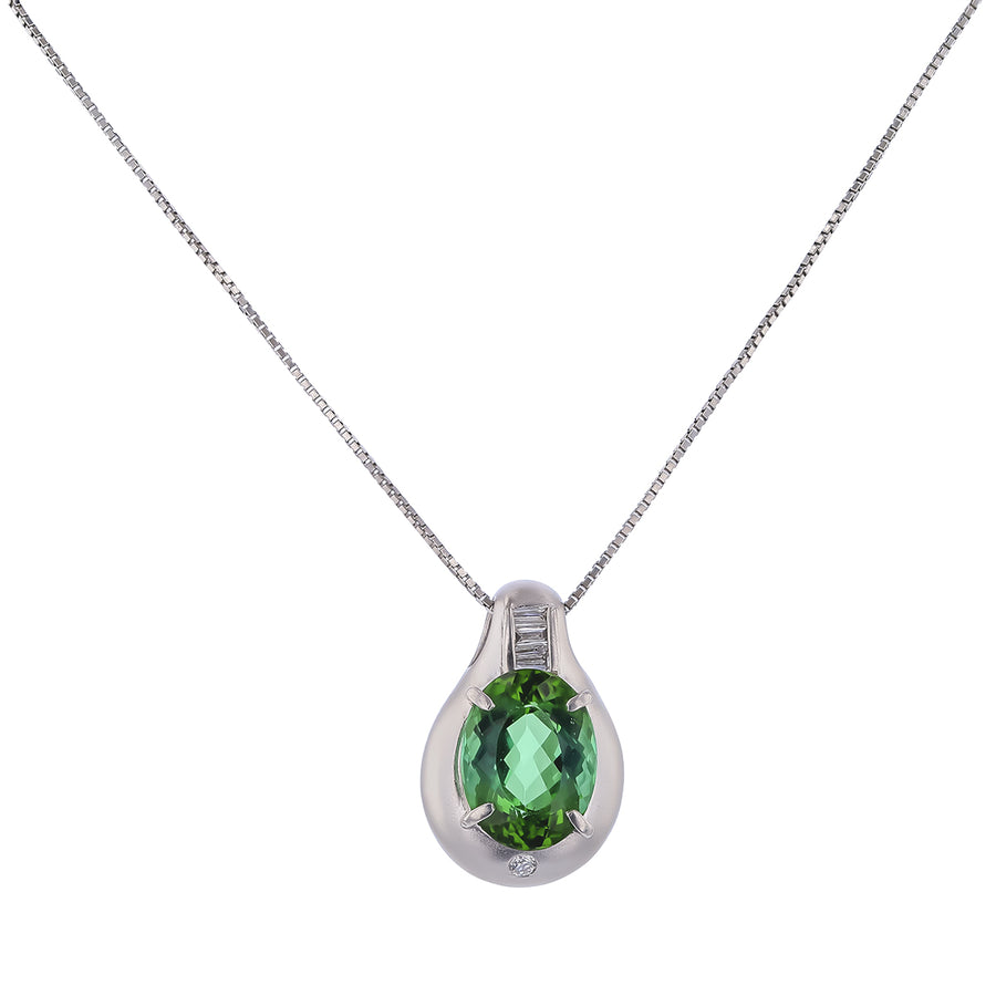 3.84ct Oval Green Tourmaline and 0.13ct Diamond Pendant in Platinum, 16" chain