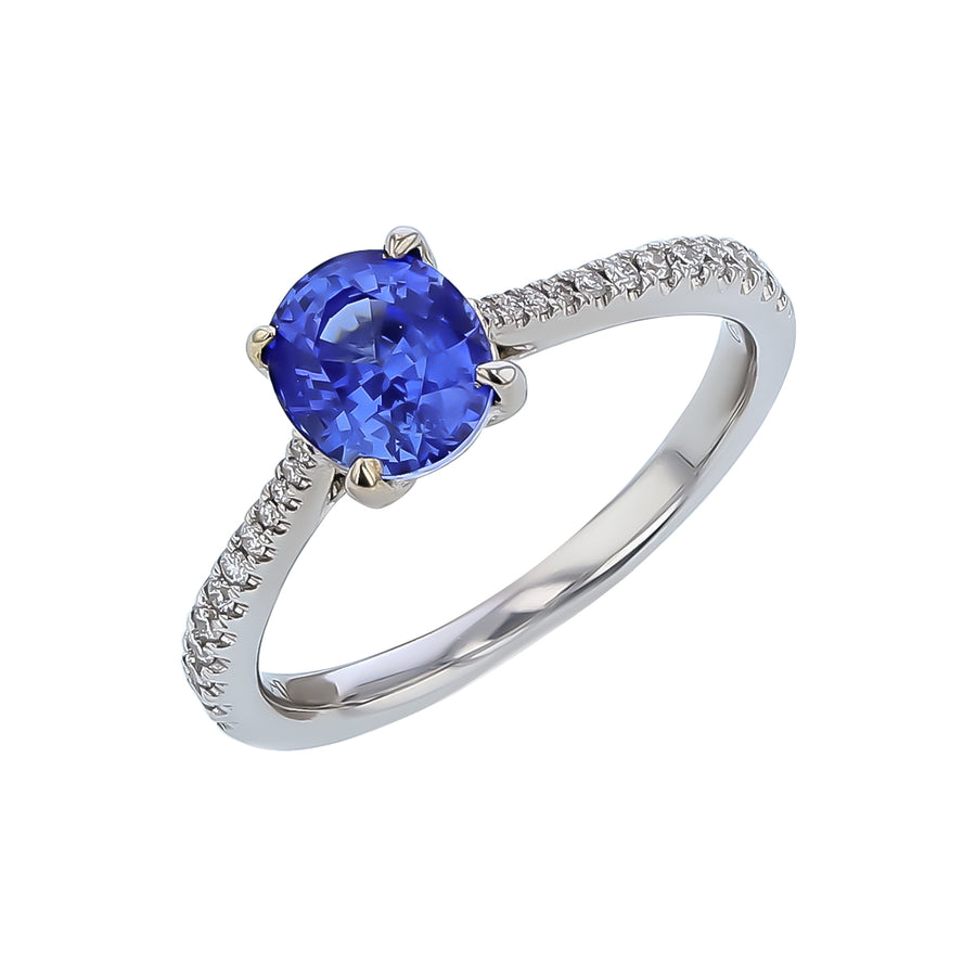 1.50ct Oval Blue Sapphire and 0.20ct Diamond Ring in 18K White Gold, size 6.5