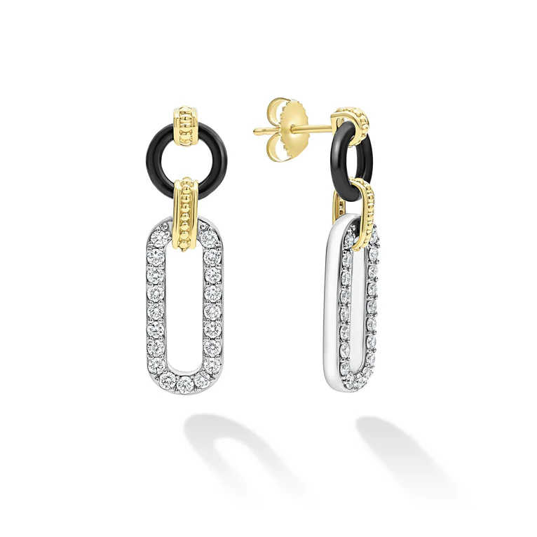 Caviar Black Ceramic and Diamond 32x9mm Oval Link Drop Earrings in Sterling Silver and 18K Yellow Gold