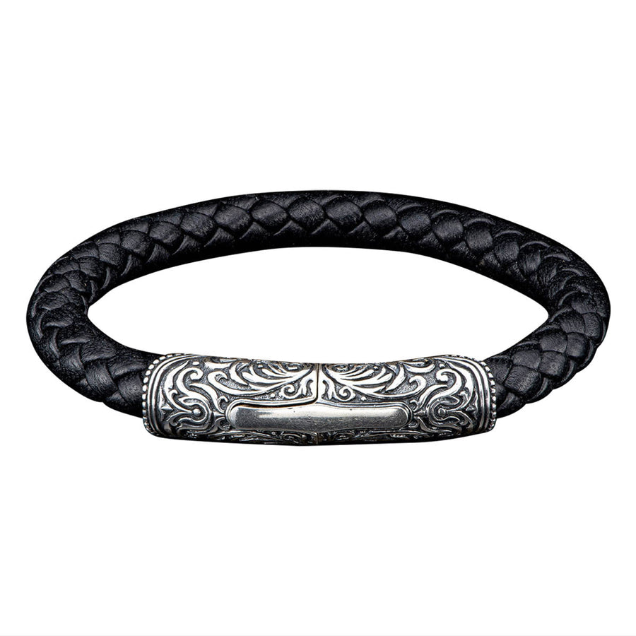 LC196 TS BLK Milan Braided Bracelet in Black Leather and Sterling Silver, Extra Large