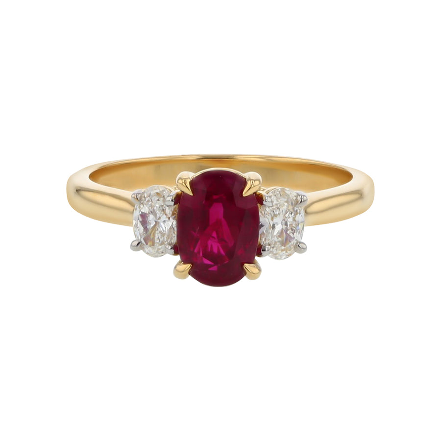 1.66ct Oval Ruby 0.37ct Oval Diamonds 3 Stone Ring in 18k Yellow Gold, Size 6.5