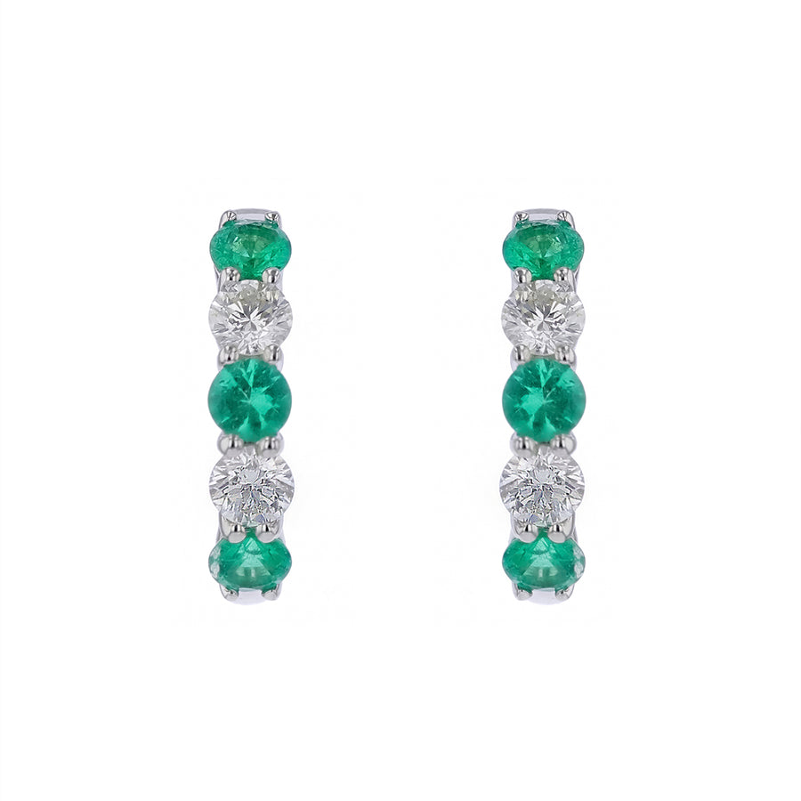 0.84ct Round Emerald and 0.50ct Diamond Alternating Huggie Hoop Earrings in 14K White Gold