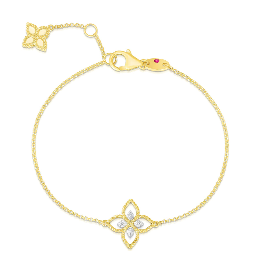 Principessa 0.04ct Diamond Flower Bracelet in 18K Yellow and White Gold, 7"
