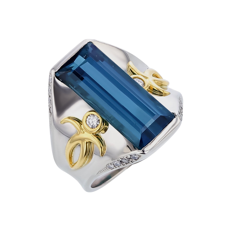 6.13ct Emerald Cut Green Tourmaline and 0.19ct Diamond Ring in Platinum with 18K Yellow Gold, size 7