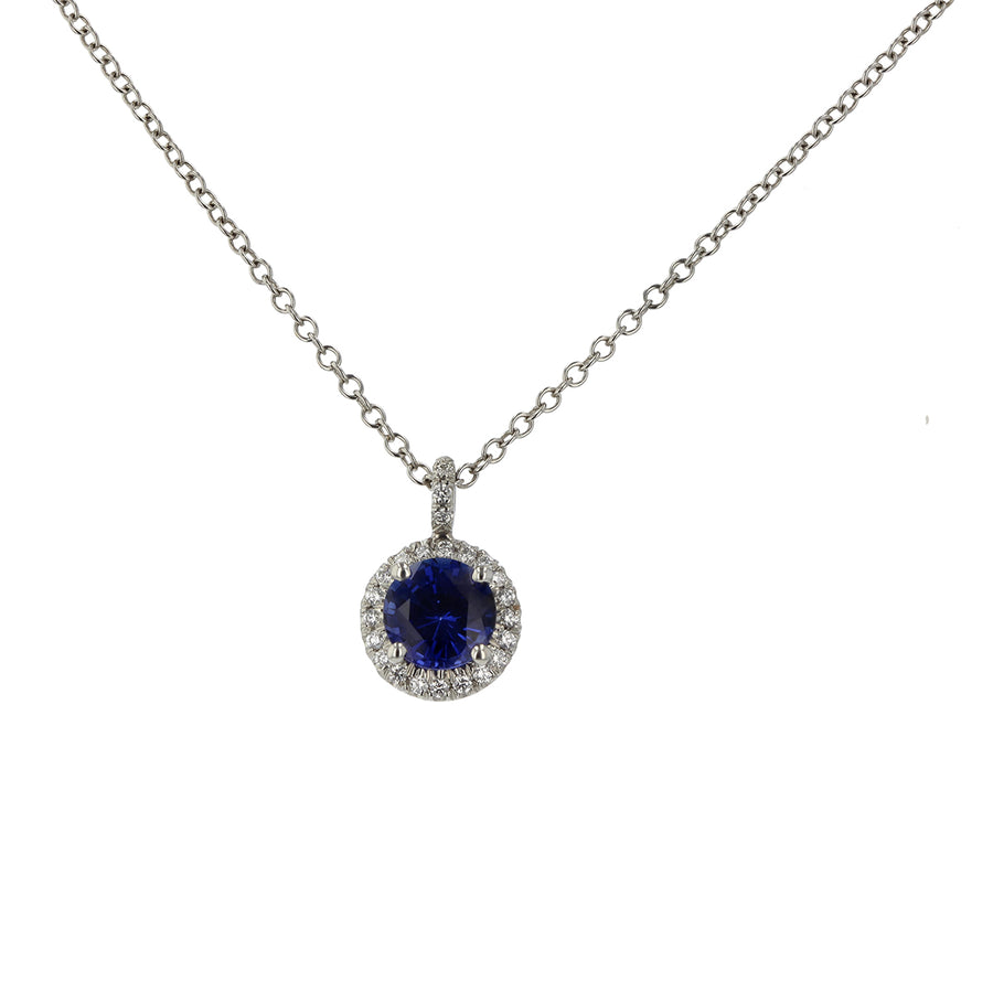1.28Ct Sapphire and 0.12Ct Diamond Halo Necklace in Platinum and 18K White Gold, 16" chain
