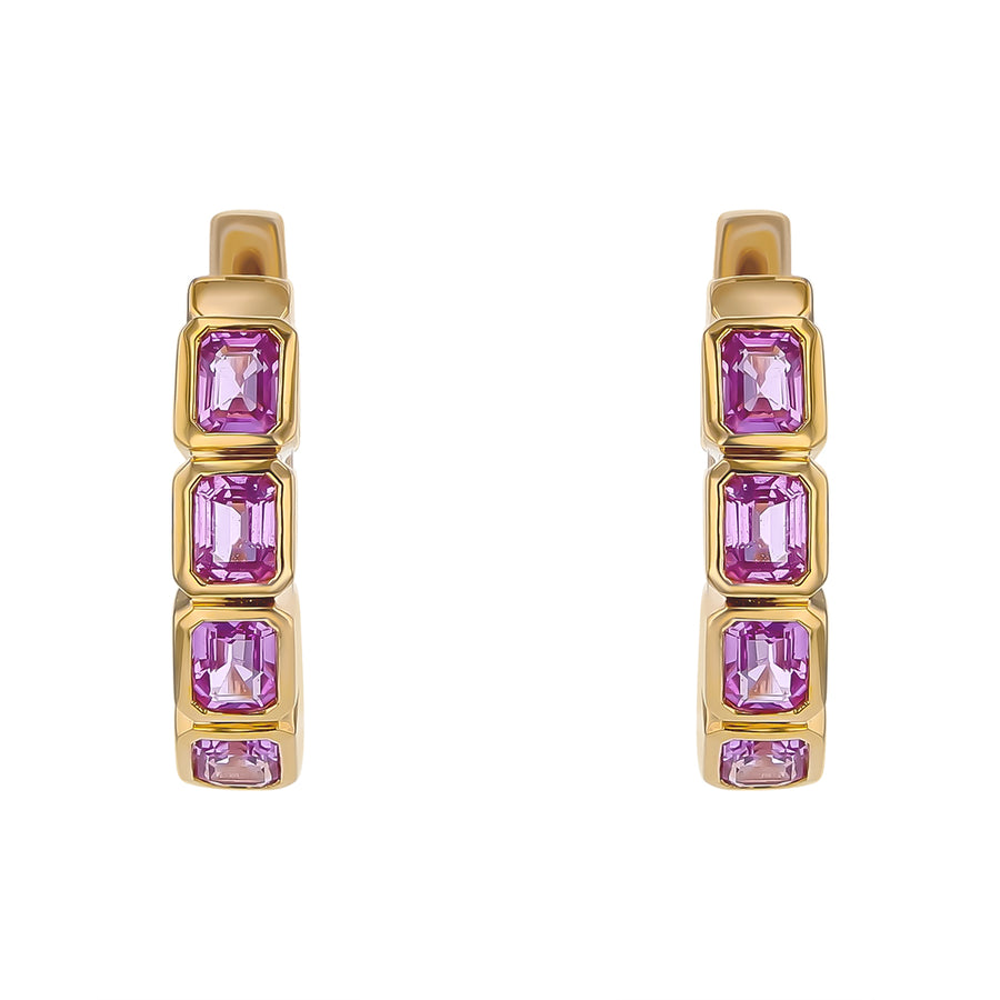 1.95ct Emerald Cut Pink Sapphire Hoop Earrings in 18K Yellow Gold