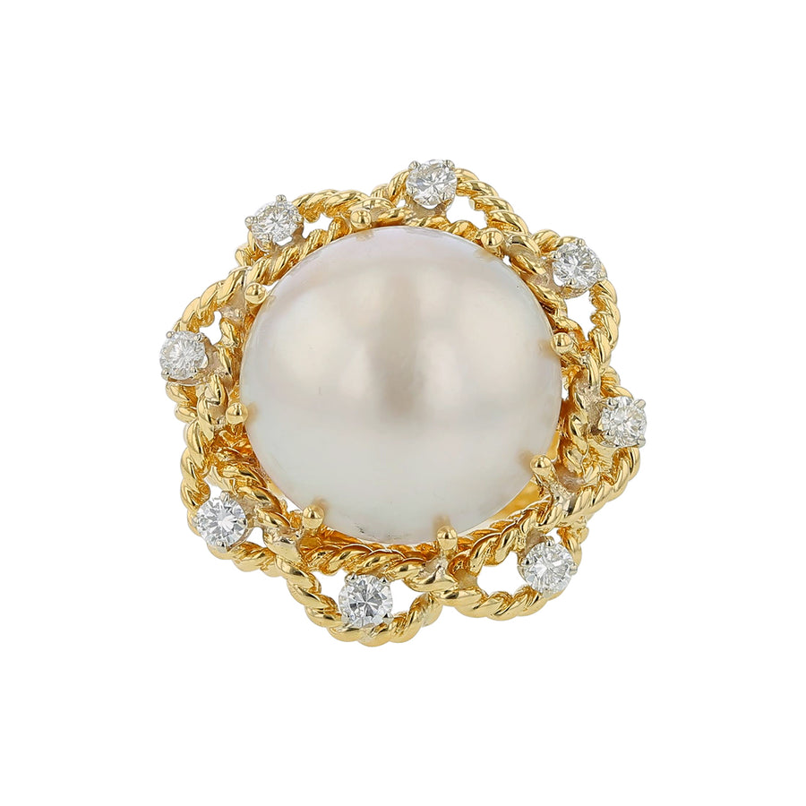 16.3mm Mabe Pearl and 0.48ct Diamond Twisted Wire Halo Ring in 18K Yellow Gold, size 6.5