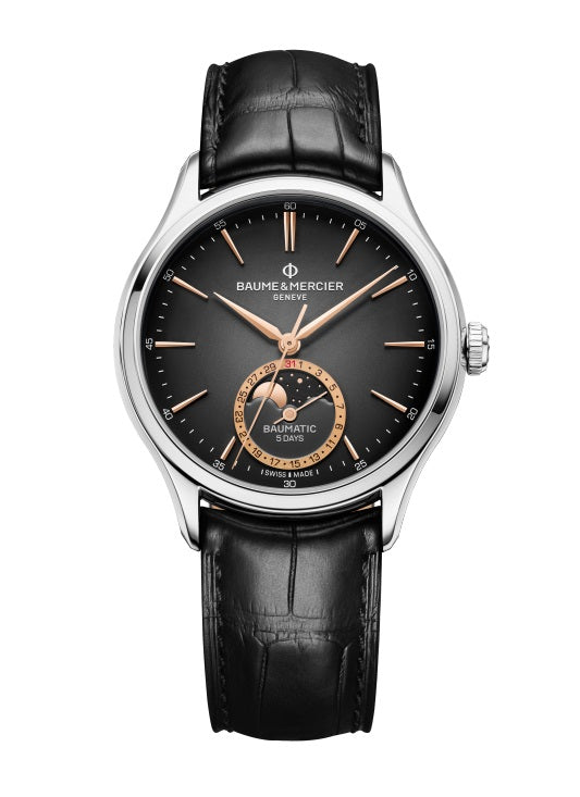 39mm Clifton Automatic Moon Phase Date Watch with Grey Dial in Stainless Steel, Strap