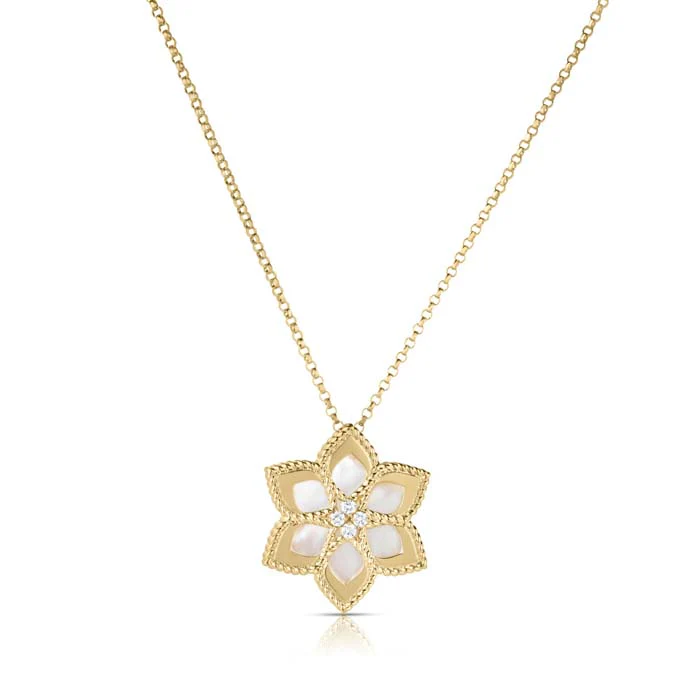 Vernazza 0.04Ct Diamond and Mother of Pearl Daisy Pendant on Chain in 18k Yellow Gold, 18in