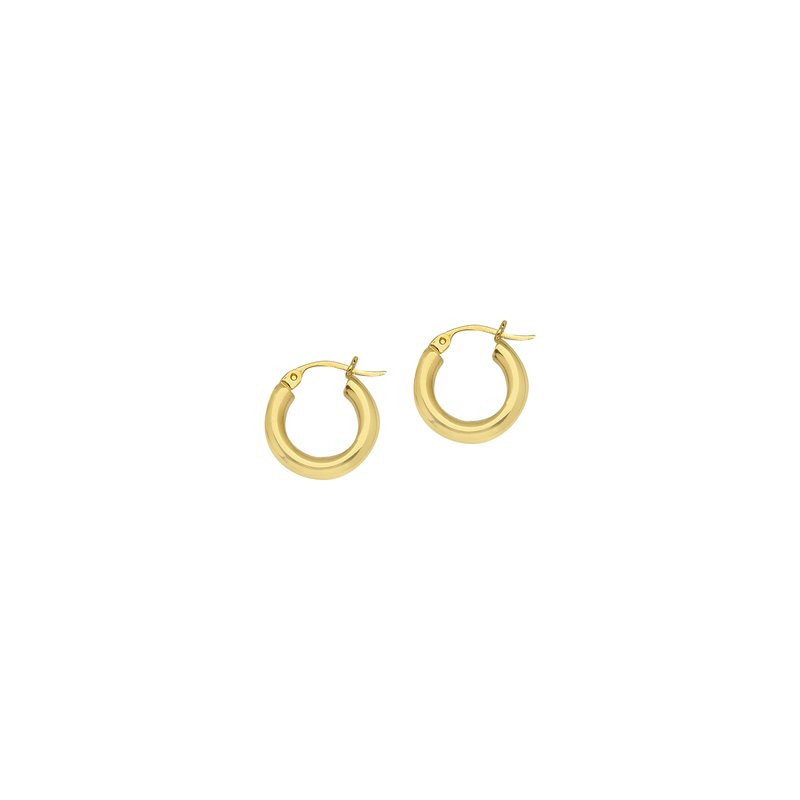 A pair of round tube polished hoop earrings in 14K yellow gold, with a 3x15mm size.