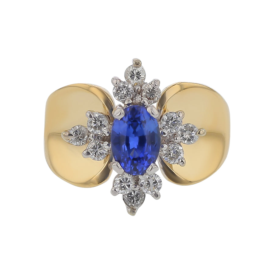 1.17ct Oval Ceylon Sapphire 0.48ct Full Cut Diamond Ring in 14k Yellow Gold and White Gold
