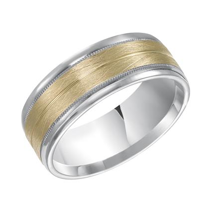 8mm Flat Round Milgrain Edge Wired Finish Wedding Band in 14K White and Yellow Gold, Size 11