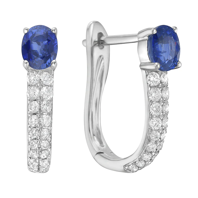 0.96ct Oval Blue Sapphire and 0.33ct Diamond Huggie Hoop Earrings in 14K White Gold