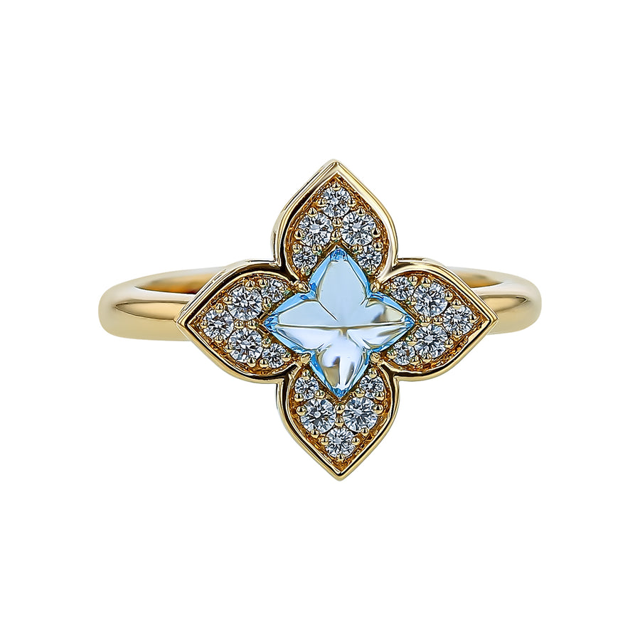 Venetian Princess 0.68ct Blue Topaz and 0.18ct Diamond Flower Ring in 18K Yellow Gold, size 6.5