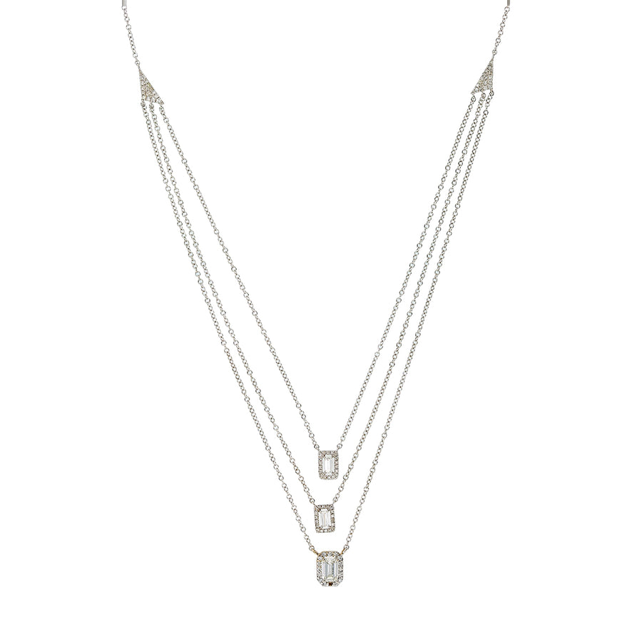 0.49ct Emerald Cut and 0.32ct Single Cut Diamond 3 Strand Halo Bib Necklace in 18K White Gold