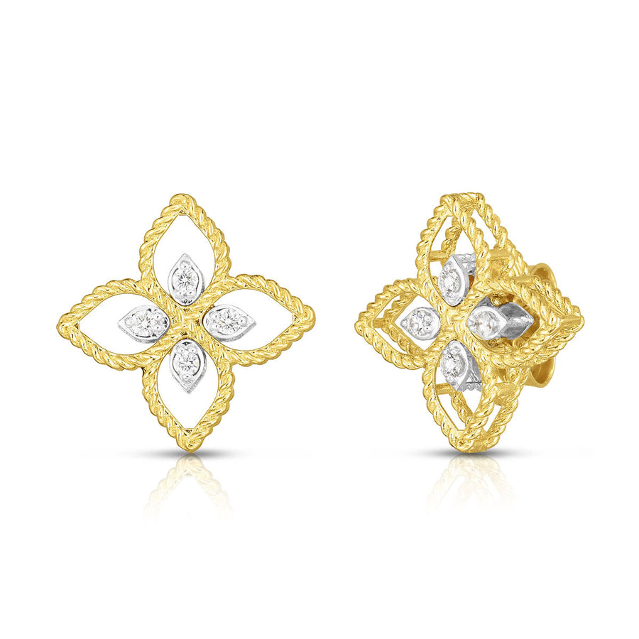 Principessa 0.09ct Diamond Flower Stud Earrings in 18K Yellow and White Gold
