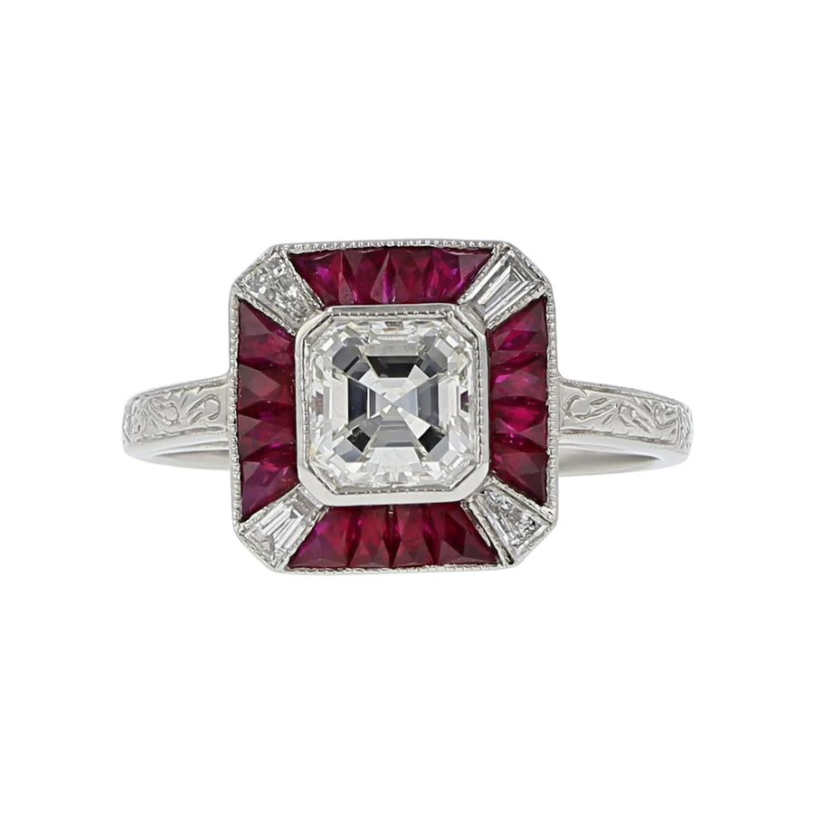 0.92ct Emerald Cut Diamond with 1.37ct French Cut Rubies and 0.13ct Tapered Baguette Diamonds Halo Ring in Platinum