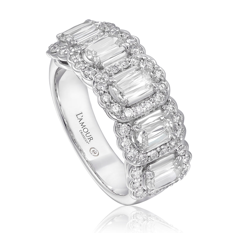 L'Amour 1.22ct Crisscut Diamond and 0.50ct Diamond 5 Stone Halo Ring in 14K White Gold, size 6.5