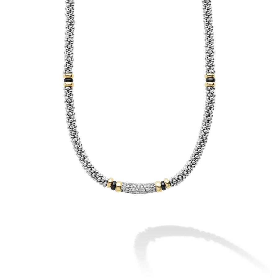Black Caviar 0.17ct Diamond Station Rope Necklace in Sterling Silver, 18K Yellow Gold and Ceramic, 18"