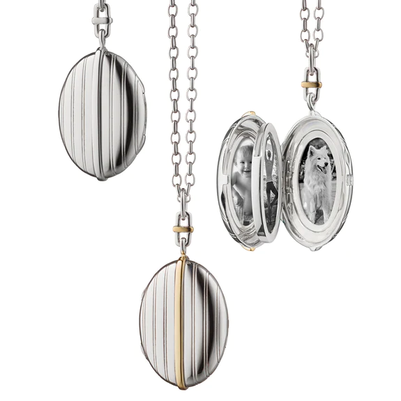 Four Image Pinstripe Locket in Sterling Silver and 18K Yellow Gold, 32" chain