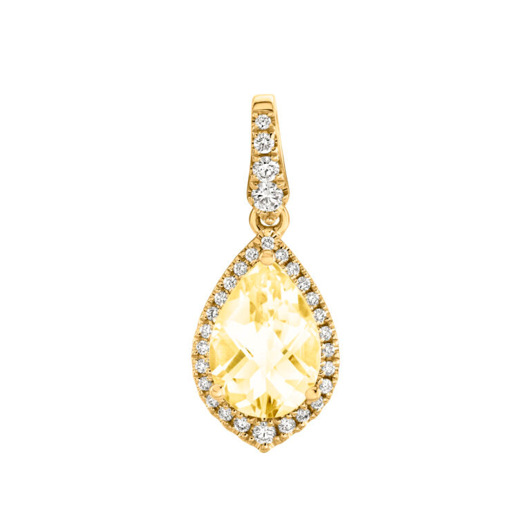1.08ct Pear Shape Citrine and 0.20ct Diamond Halo Pendant in 14K Yellow Gold, 18" chain