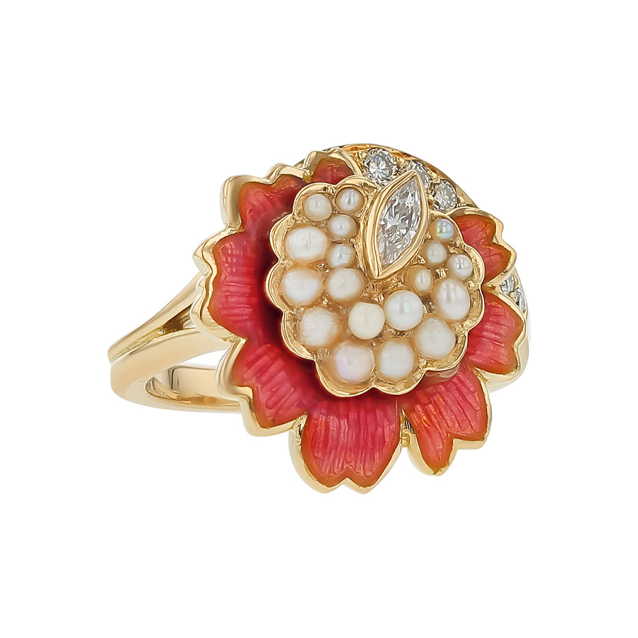 Seed Pearl and 0.22ct Marquise and Single Cut Diamond Flower Ring in 18K Yellow Gold and Enamel