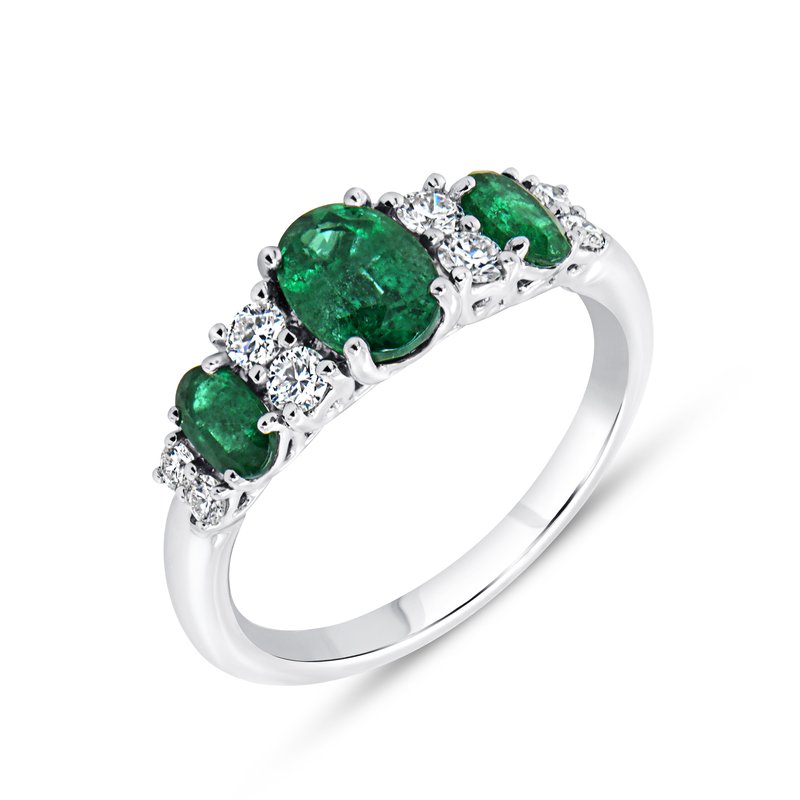 Precious 1.46ct Oval Emerald and 0.34ct Diamond Alternating Ring in 18K White Gold, size 6.5