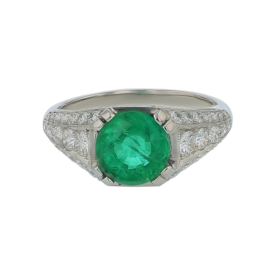 1.56ct Round Zambian Emerald and 0.80ct Diamond Ring in Platinum, Size 5.75