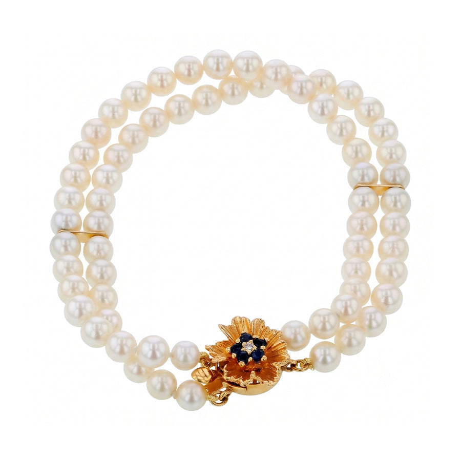 4.5-5mm Cultured Pearl Diamond and Sapphire Double Strand Bracelet in 14K Yellow Gold