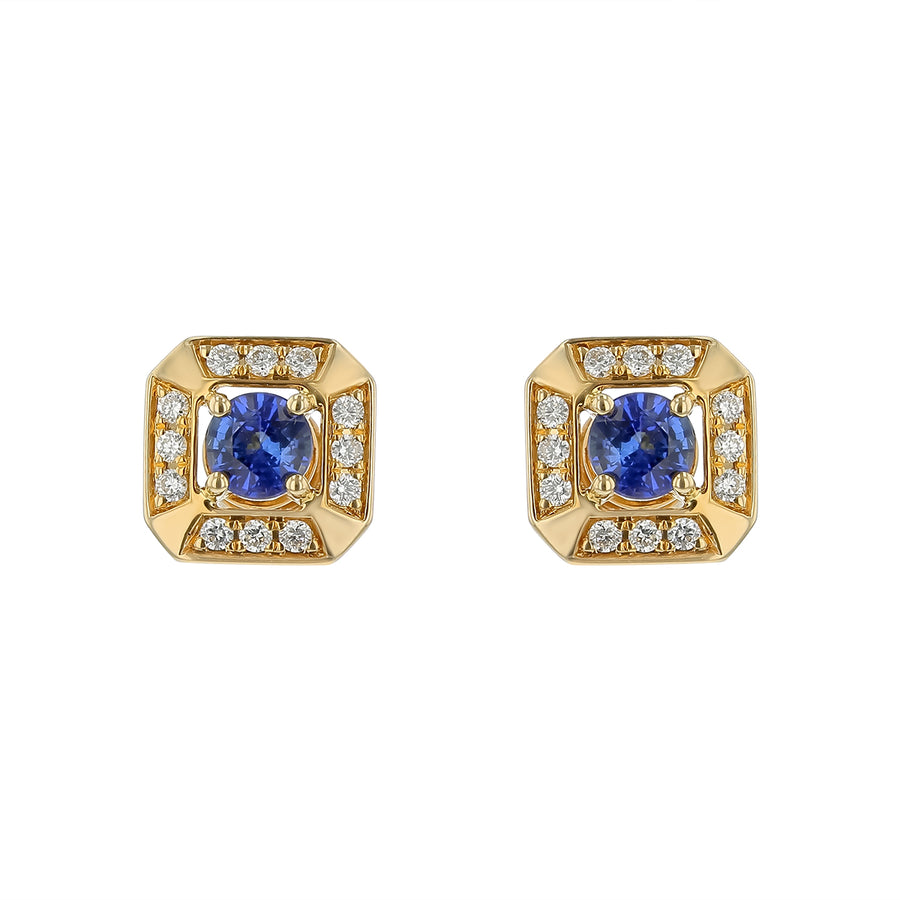 1.09ct Round Sapphire and 0.25ct Diamond Halo Stud Earrings in 14K Yellow Gold