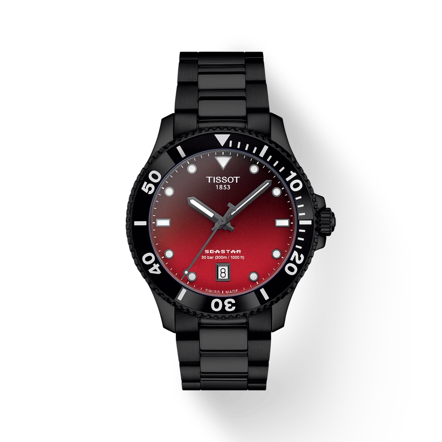 40mm Seastar 1000 Quartz Watch with Red-Black Dial in Stainless Steel with Black PVD, Bracelet