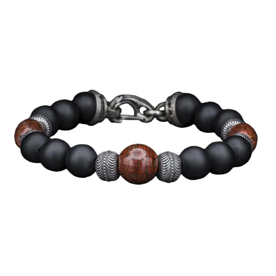 BB7 DB RB Magma Black Onyx and Dinosaur Bone Beaded Bracelet in Sterling Silver Size Large