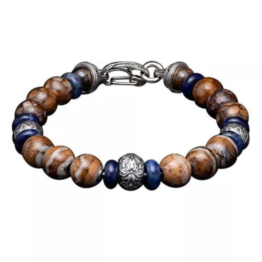 BB47 MT Sand and Sea Fire Opal Sodalite and Woolly Mammoth Tooth Beaded Bracelet in Sterling Silver Size Large