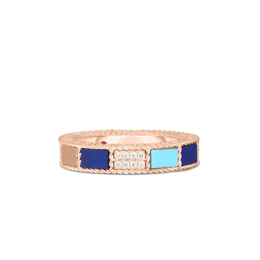0.03Ct Diamond, Blue Lapis and Turquoise Mosaic Ring in 18k Rose Gold, Size 6.5